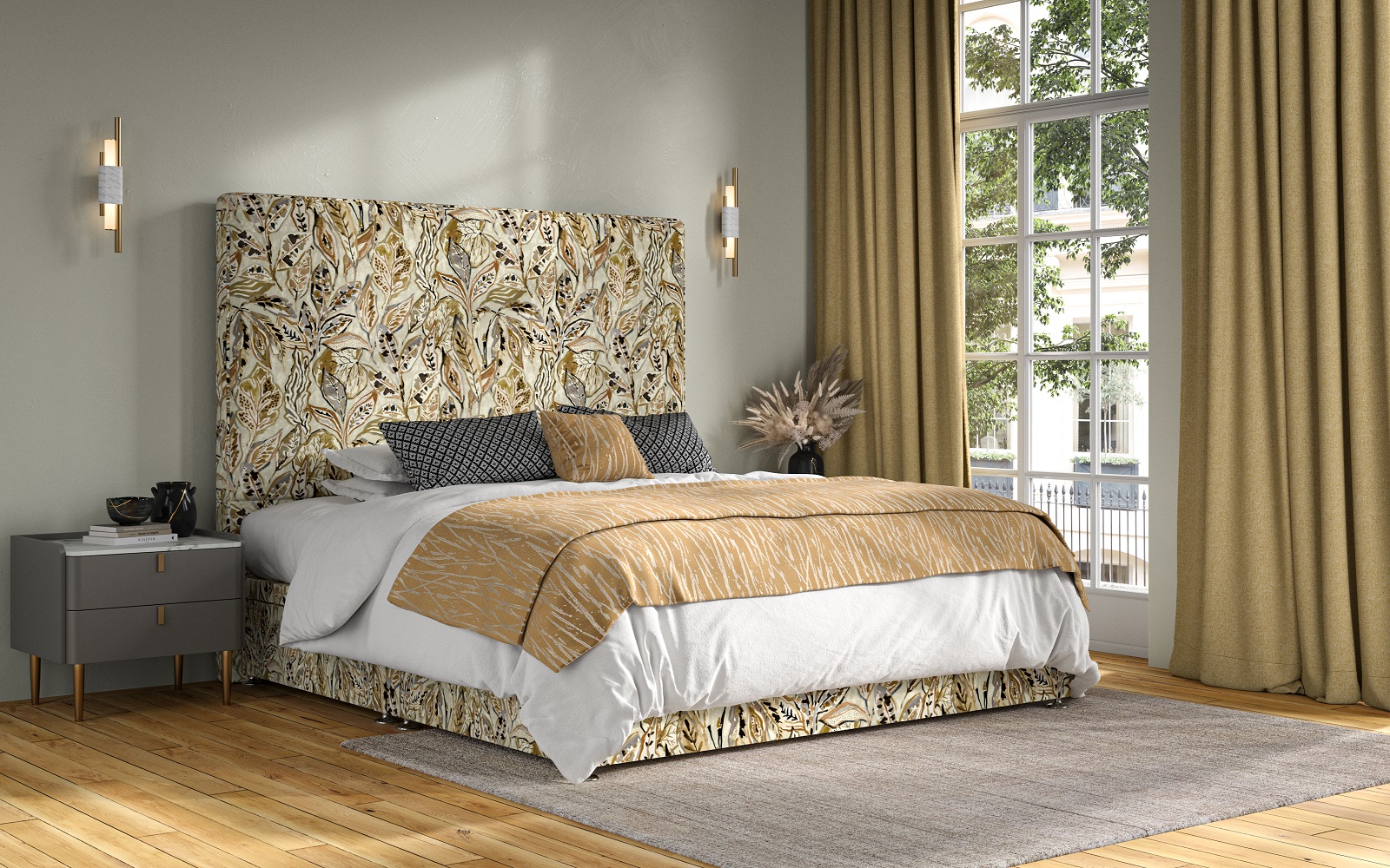 bedroom with sand coloured floor to ceiling curtains and a floral patterned headboard