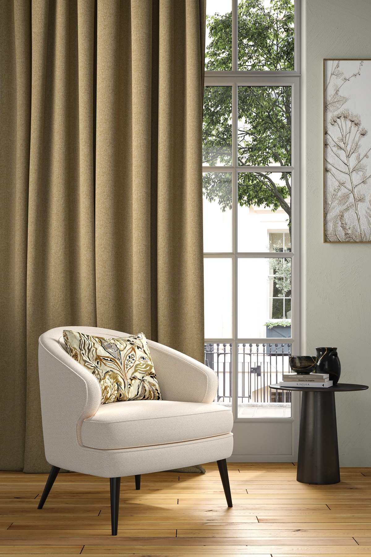 cream tub chair in front of sand coloured full length curtains in blackout fabric