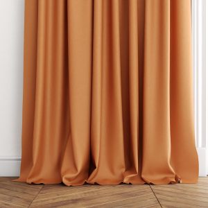 terracotta coloured curtain draped down onto wooden floor in solunar fabric from Sekers