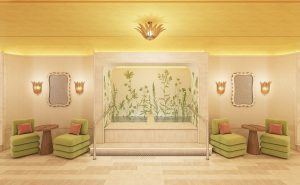 yellow and spring green in the spa with a mosaic of plants and flowers inspired by nature