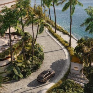 aerial view of coastal road leading up to the entrance of Mandarin Oriental Miami One Island
