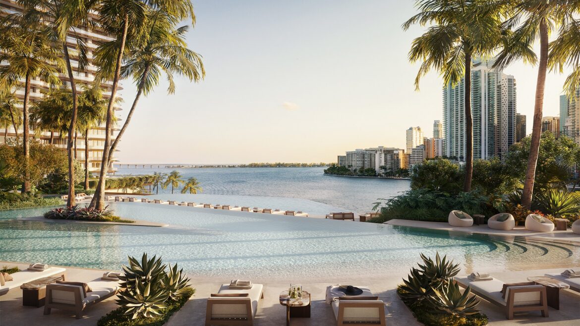 view across the beach and swimming pool from The Residences at Mandarin Oriental Miami