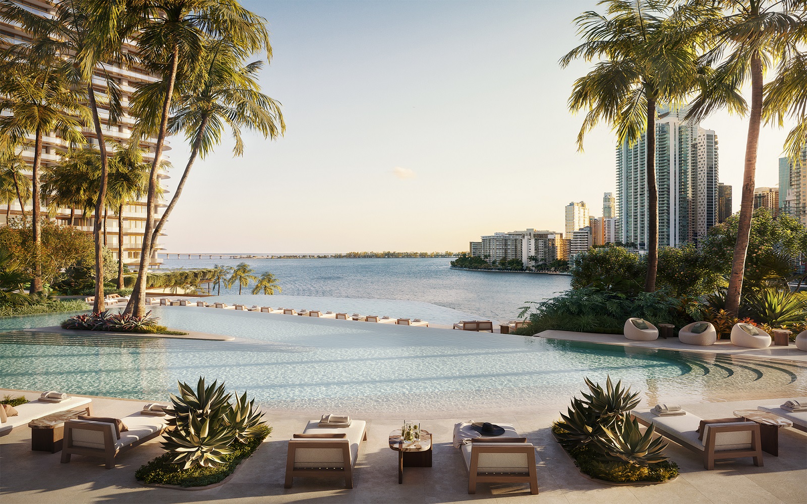 view across the beach and swimming pool from The Residences at Mandarin Oriental Miami