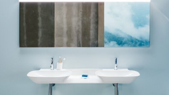 double basin from LAUFEN with wall hung vanity above with mirror and reflections of clouds