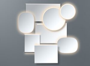 a collage of backlit bathroom mirrors in different shapes
