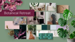 moodboard by Geberit on green background with botanical images and pops of pink and terracotta