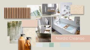 soft greens and natural tones on the Geberit moodboard looking at Nordic influences in the bathroom