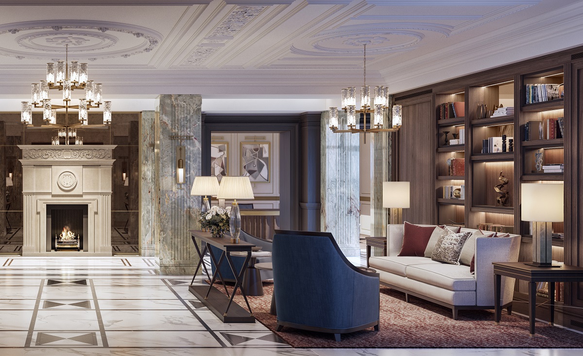 A render of the lobby bar at Raffles London inside The OWO - complete with marble flooring and a modern bookshelf