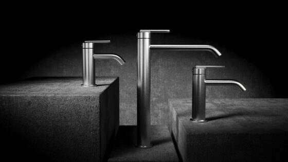 black and white image of three taps in different sizes from the Crosswater 3ONE6 range