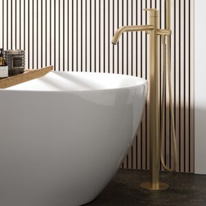 white freestanding bath with brushed brass tap pillar from 3ONE6 range from Crosswater