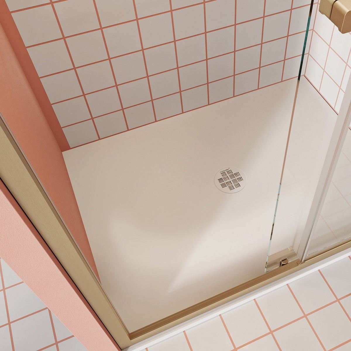 white tiles with pink grout in a shower cubicle with glass door and white shower tray