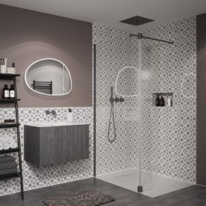 black and white bathroom with glass shower cubicle and matt black taps and accessories from Crosswater