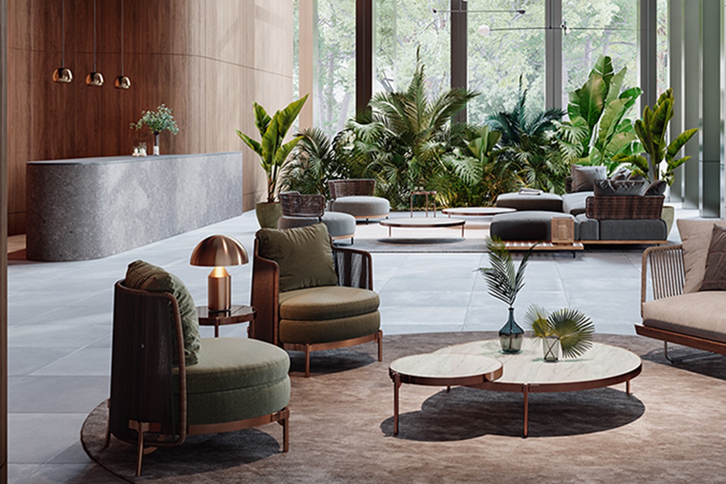 seating centred on a round carpet with hotel reception desk and plants in the background