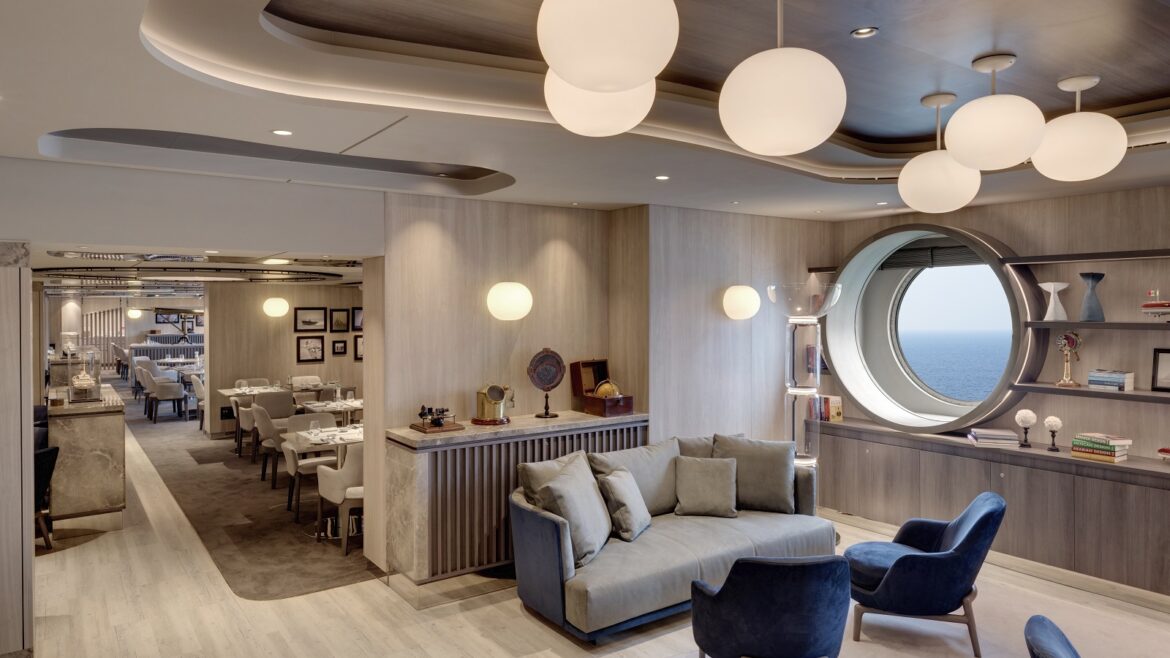 Interior design scheme that is contemporary in Med Yacht Club restaurant onboard Explora 1