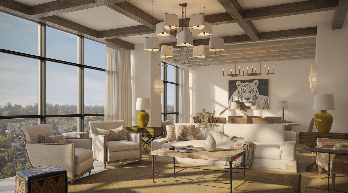 light and airy suite interior with natural light from floor to ceiling window and white and wood furniture