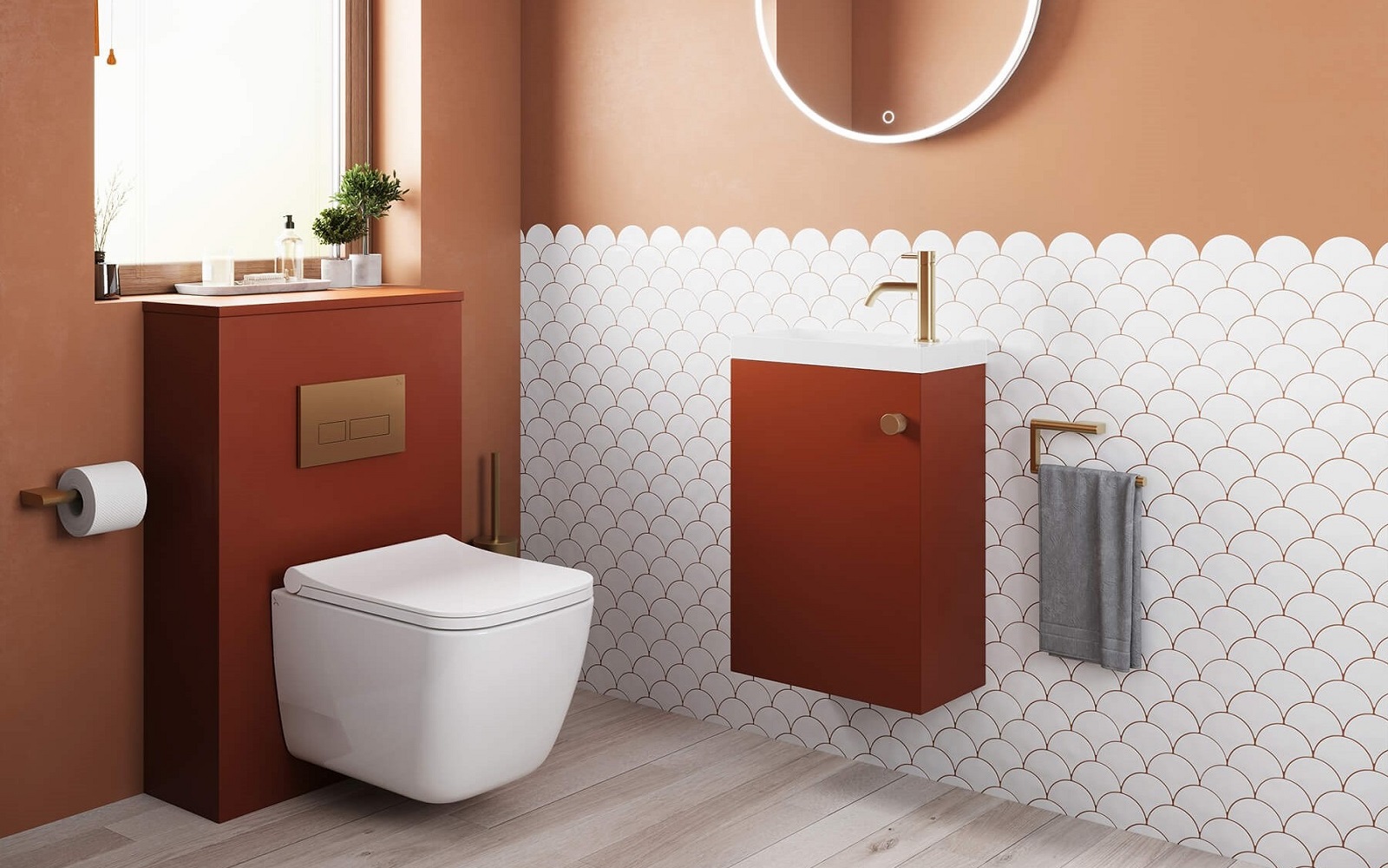white scalloped tiles adjacent to terracotta wall with ALO cloakroom wall hung basin white with a dark terracotta cupboard