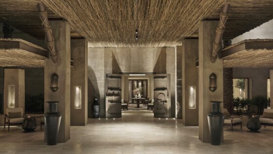 wood and stone colours in dramatic pillared hotel entrance at Bab Al shams
