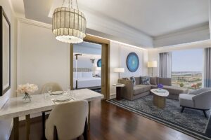 art deco elements in blue and grey in the bedroom suite in Waldorf Astoria Cairo