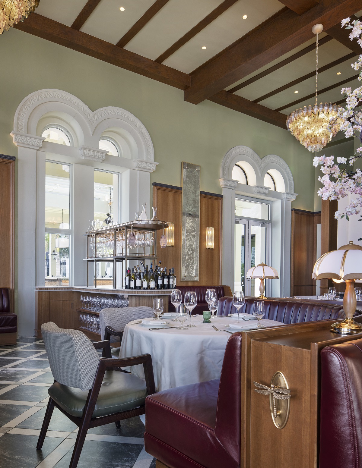 corner cabinet and detail in formal dining setting of Principessa Ristorante
