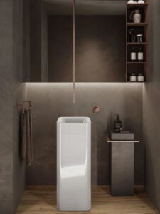 small bathroom with beige walls and a white small square freestanding basin from RAK Petit