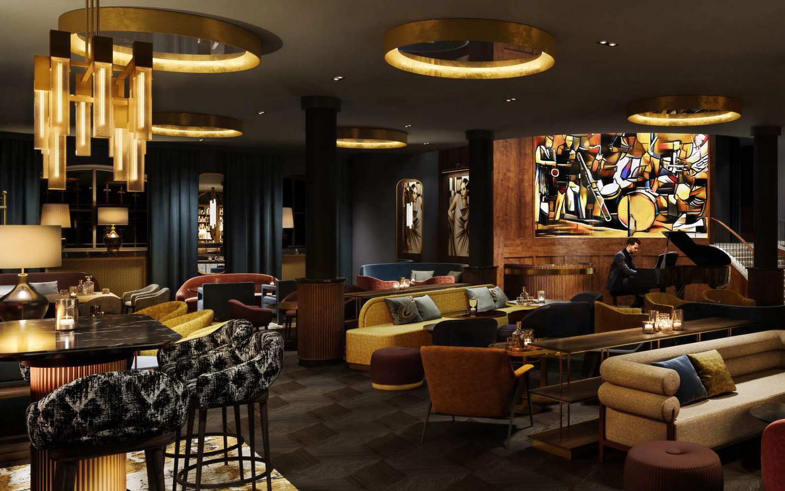dark, moody bar in rosewood Munich with focus lighting and statement mural on the wall