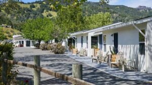 exterior of retro inspired bungalow motel style guestrooms of Calistoga Motor Lodge and Spa