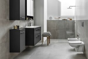 beige and brown bathroom furniture range with wallhung vanity and storage