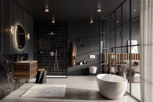 black industrial style bathroom with white bath and glass wall leading into bedroom