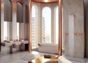 gold and cream luxury bathroom with a view out across a city skyline from the freestanding bath