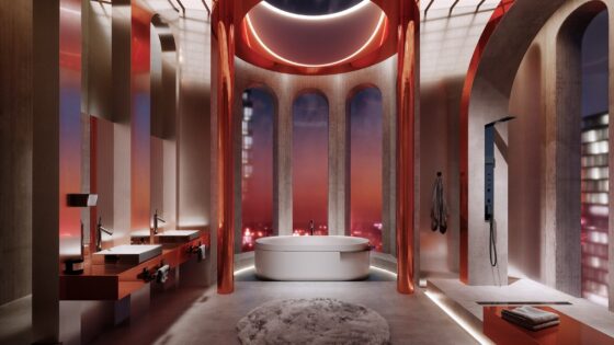 futuristic bathroom concepts for Axor with freestanding bath in front of windows under an arch with surreal lighting