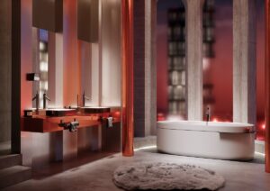 pillars and arches with copper accents in a futuristic luxury bathroom concept