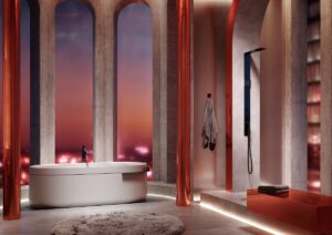 bath positioned in arched niche with floor to ceiling windows looking out over night city skyline