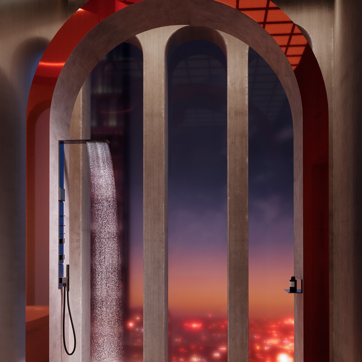 black shower fitting in front of arched window looking out over city lights