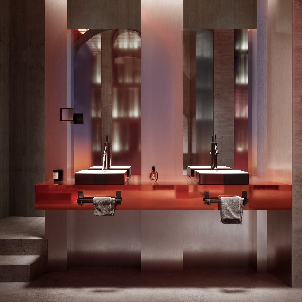 double vanity with AXOR Philippe Starke basins in front of arched shelving and mirrors