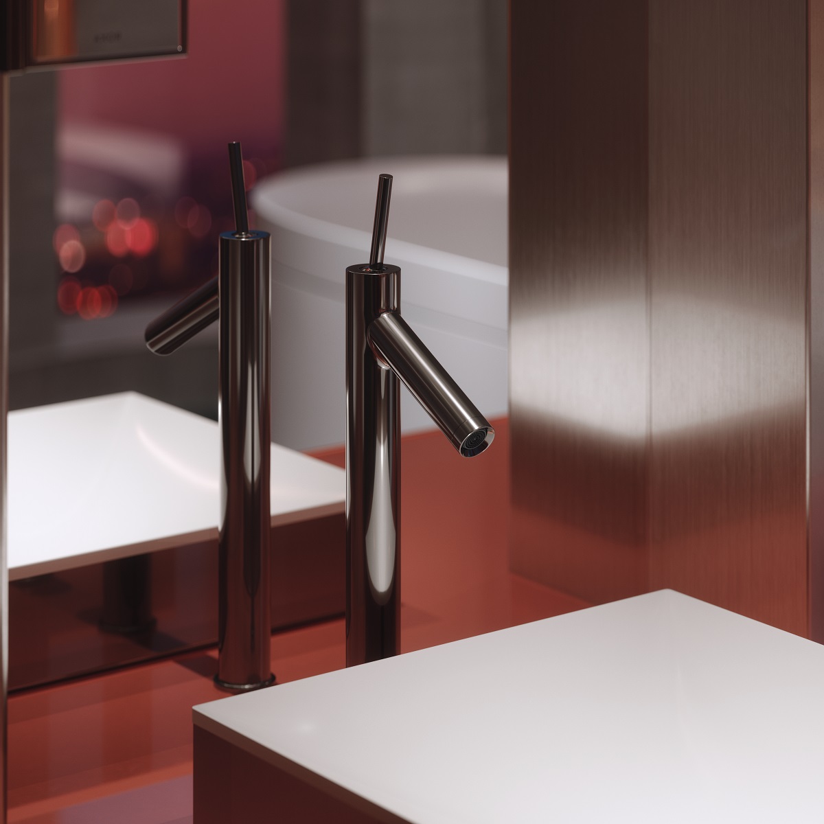 polished black chrome tap above square basin in front of vanity mirror in AXOR bathroom concept