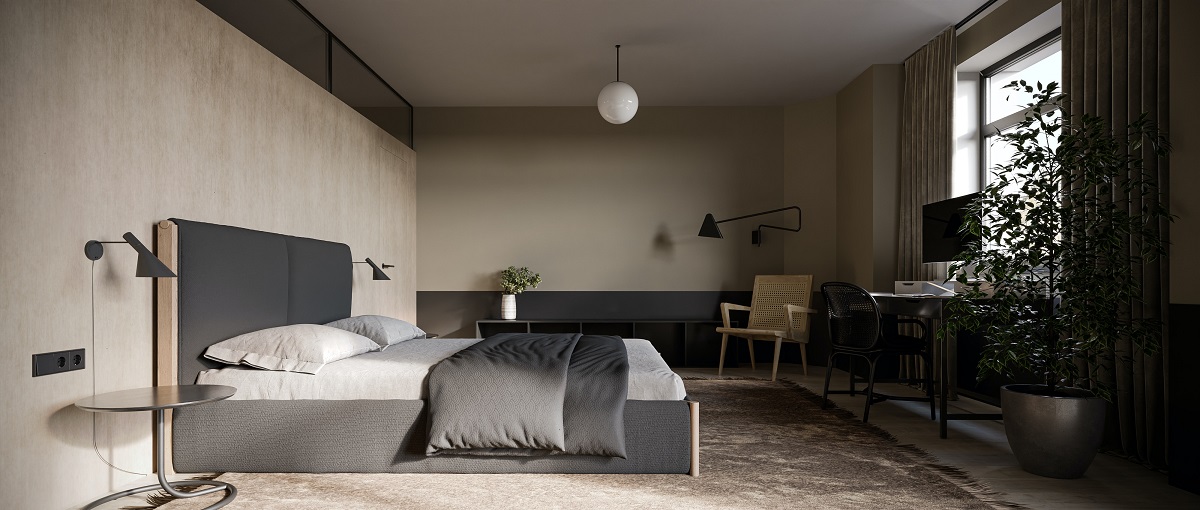 A modern, masculine bedroom