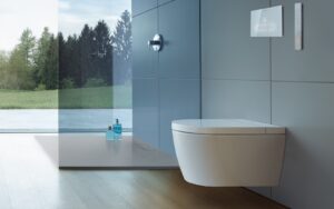 wall hung Duravit shower-toilet in minimalist bathroom with glass walls and view outside