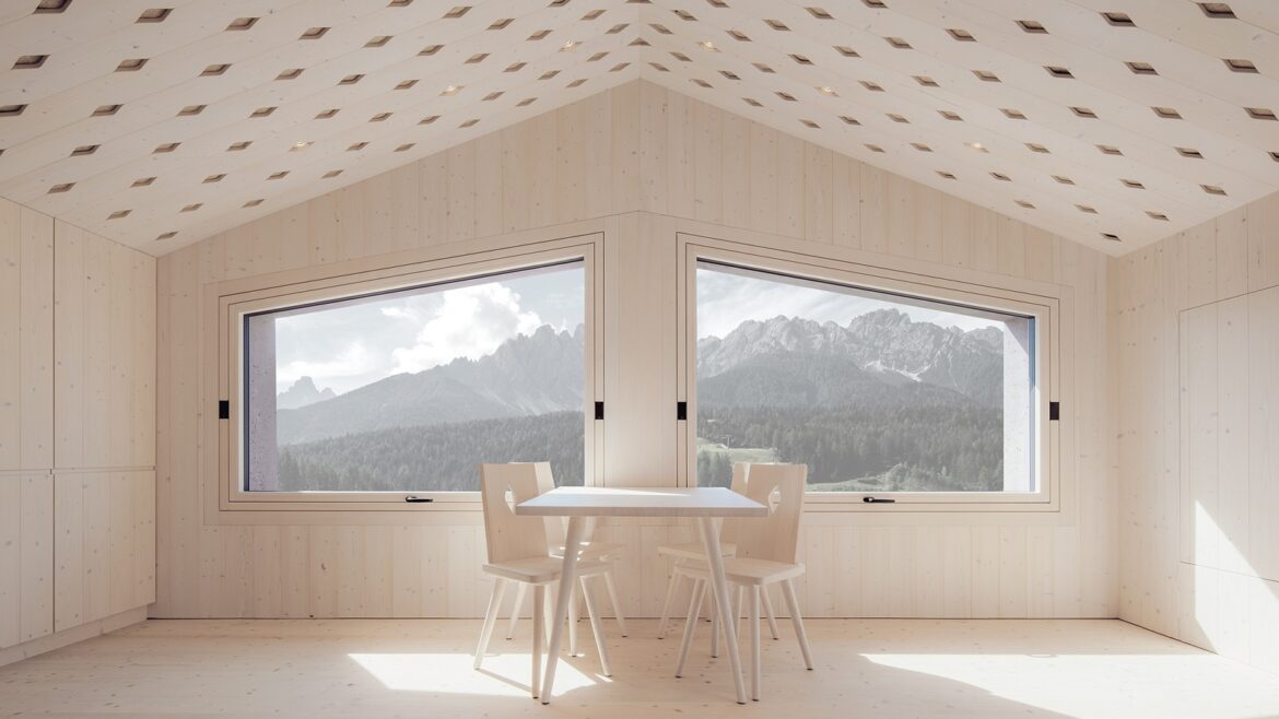 pale timber minimalist interior of Italian alpine cabin Atto