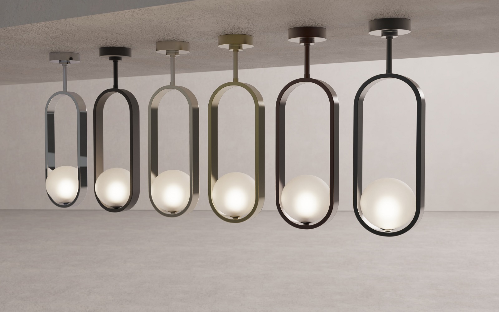 six ceiling lights suspended from concrete beam from the Crosswater Tranquil Lights Collection