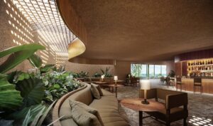 curved ceiling with filtered light above tropical plants in the proposed interior for Four Seasons Dominican Republic