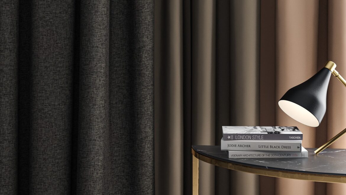 curtains in brown and charcoal from Sekers ESME collection behind a table with books and reading lamp
