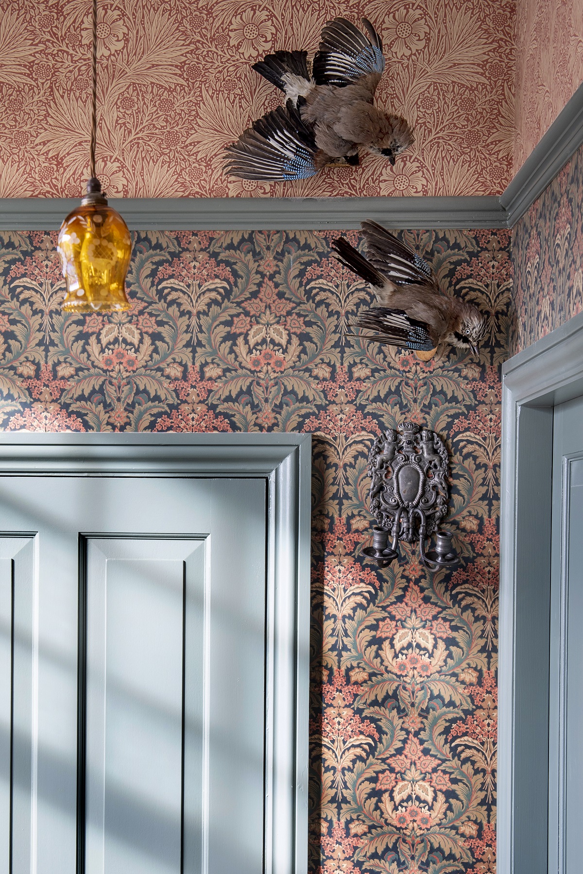 a grey door and a pattern on pattern wallpaper corner with taxidermied birds flying up the wall in The Fife Arms