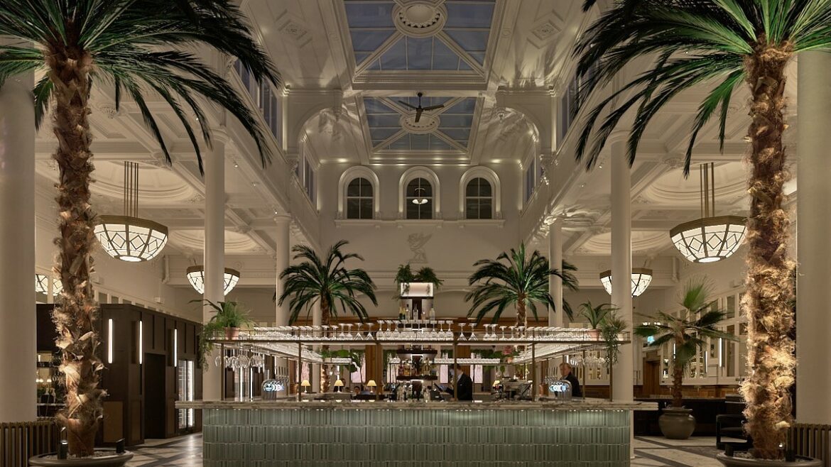 palm trees, vaulted ceilings and chandeliers in The Municipal Hotel Liverpool, MGallery