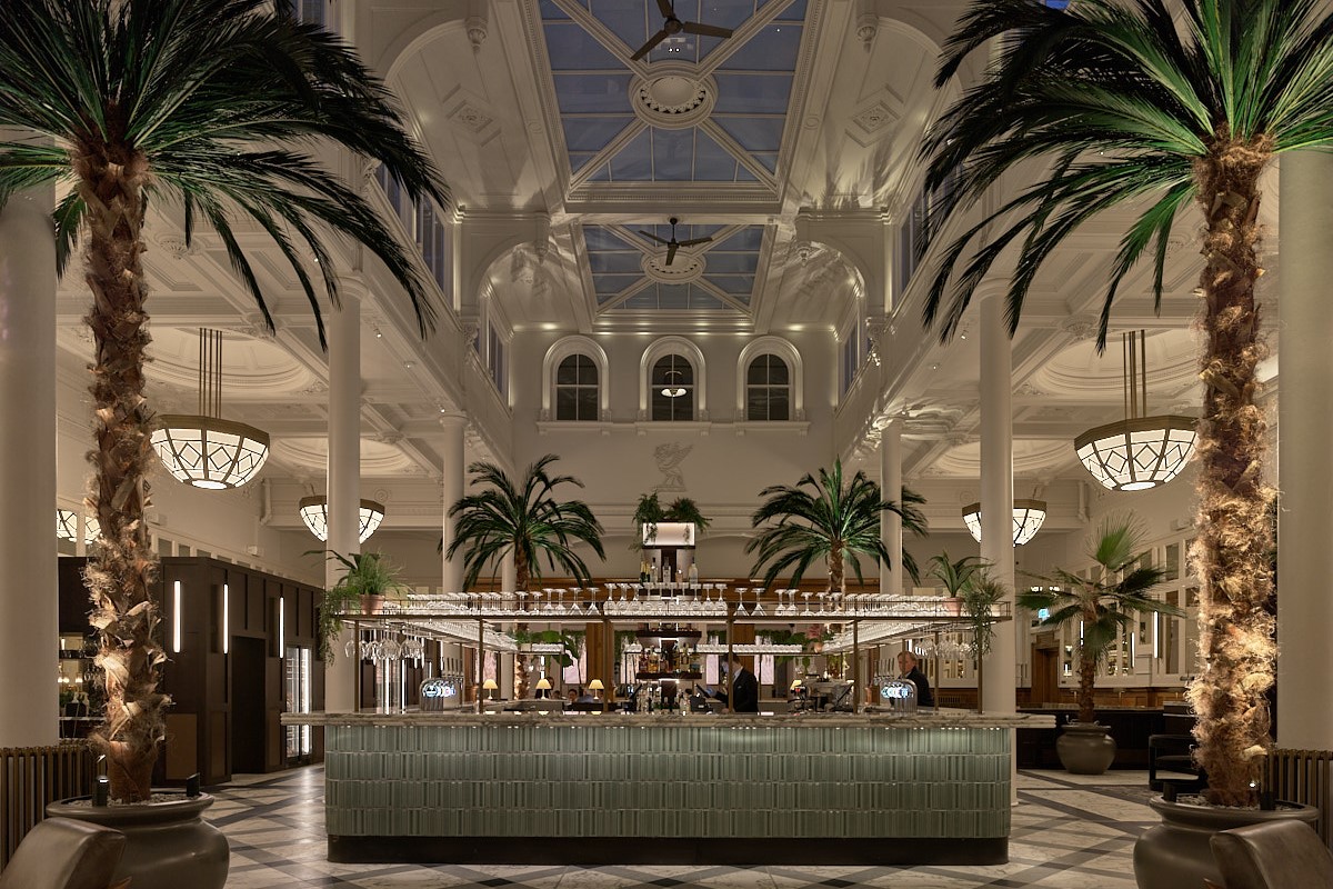 palm trees, vaulted ceilings and chandeliers in The Municipal Hotel Liverpool, MGallery