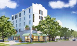 exterior and facade rendering of street view of Hotel Daphne by Bunkhouse