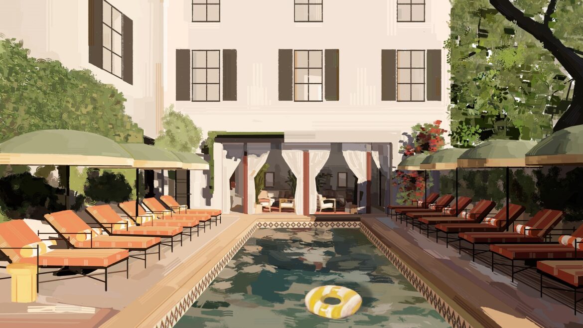 rendering of exterior design of swimming pool and courtyard area of Hotel Daphne by Bunkhouse