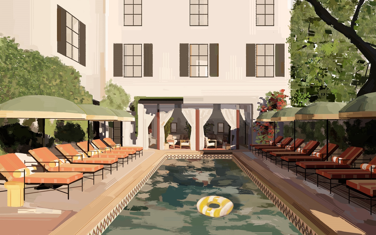 rendering of exterior design of swimming pool and courtyard area of Hotel Daphne by Bunkhouse