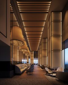 high volumes, statement architectural lighting and columns leading into the interior lounge at Janu Tokyo