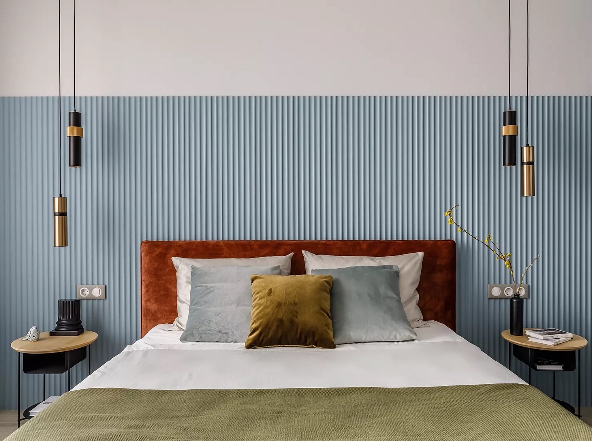 Light blue wall panelling in modern hotel room