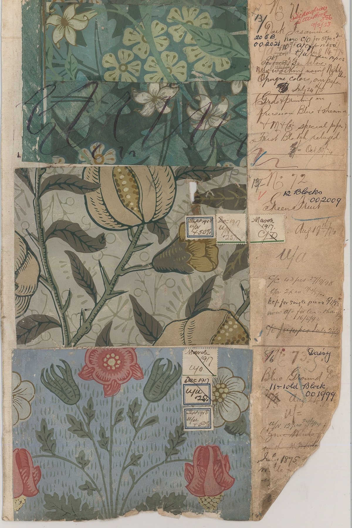 Morris & Co. log book with original samples of William Morris's designs for hand-printed wallpapers: Jasmine (1872), Fruit (1866), and Daisy (1864). Daisy was the first of Morris's wallpaper designs to be printed.